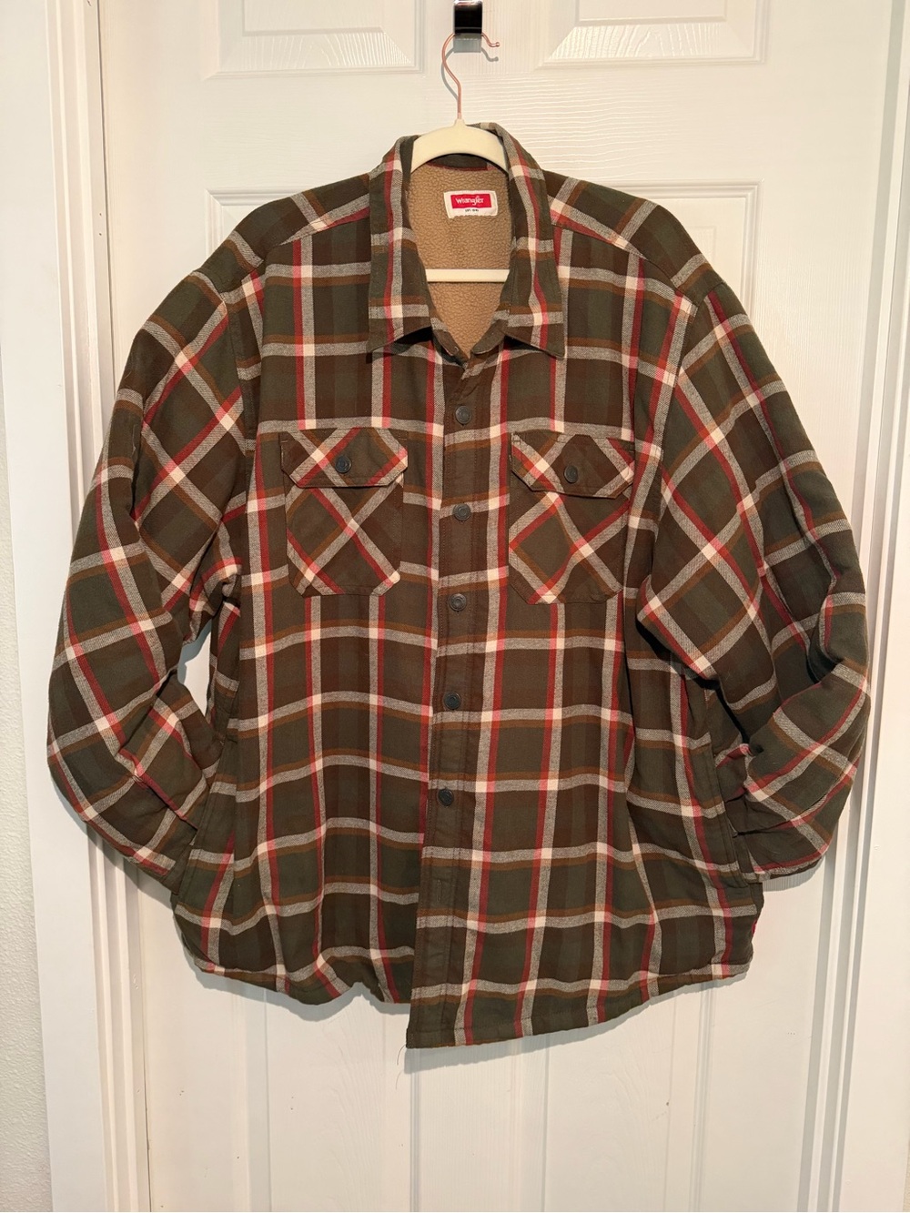 Wrangler Plaid Sherpa Shirt Jacket - Olive, Brown & Red Accents